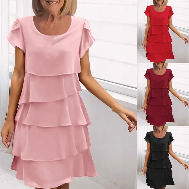 Sentmoon A Line Dresses for Women Summer Solid Color Flowy Dresses for Women Crew Neck Short Sleeve Vacation Plus Size Shirt Dress for Daily and Commute Pink XXL