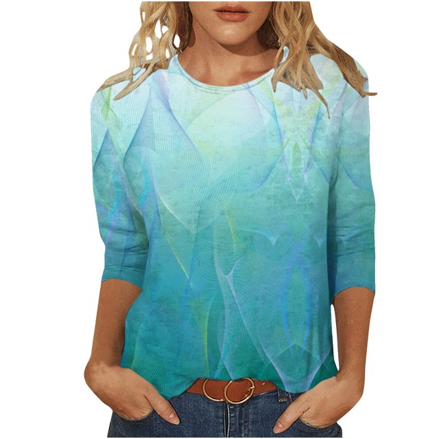 Hauts pour Femmes Décontractés Imprimés à Col Rond T-Shirt à Manches 3/4 Haut Ample, Hauts à Manches 3/4 pour Femmes, Hauts Décontractés pour Femmes, T-Shirts pour Femmes