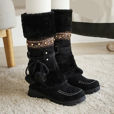 Pisexur Vendredi Fou Offres 2022! EGNMCR Bottes de Neige pour Femmes Bottes de Neige à Enfiler Bottes en Velours et Coton Chaussures Chaudes en Coton Uni Boule en Peluche Bottes Ethniques de Chevalier, Bottes de Neige d'Hiver Mi-Mollet Imperméables pour Femmes