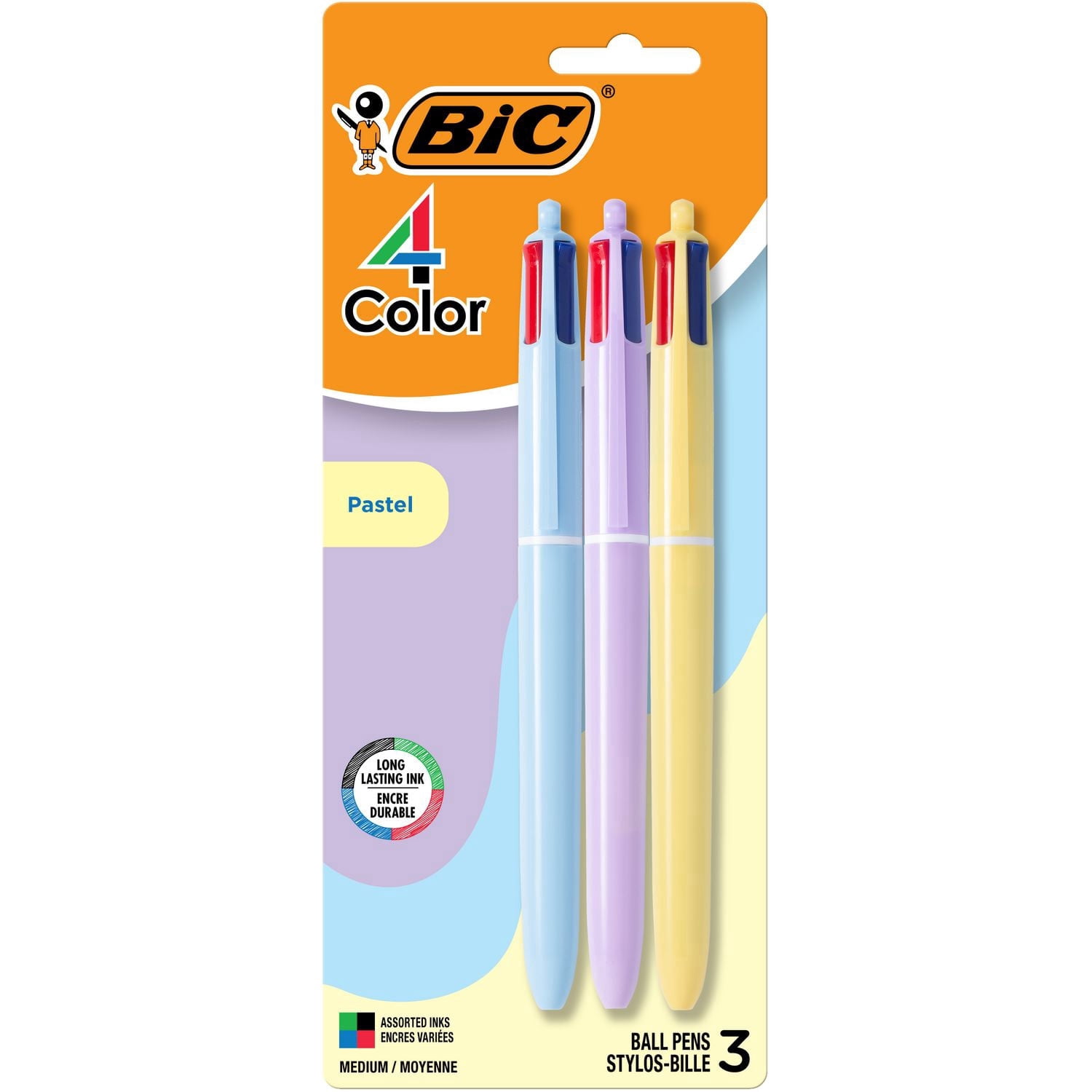 BIC 4 Color Pastel Barrel Ballpoint Pens, Medium Point (1.0 mm), Assorted Classic Ink Colors, pack of 3