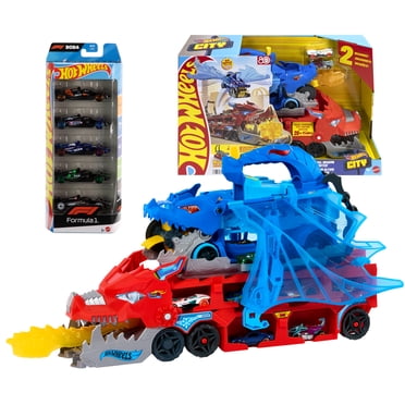 Ensemble Hot Wheels – Transporteur ultime Double Dragon et coffret de 5 véhicules en métal moulé sous pression à l’échelle 1:64 sur le thème de la Formule 1