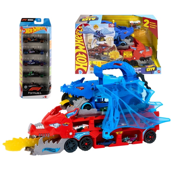 Ensemble Hot Wheels – Transporteur ultime Double Dragon et coffret de 5 véhicules en métal moulé sous pression à l’échelle 1:64 sur le thème de la Formule 1