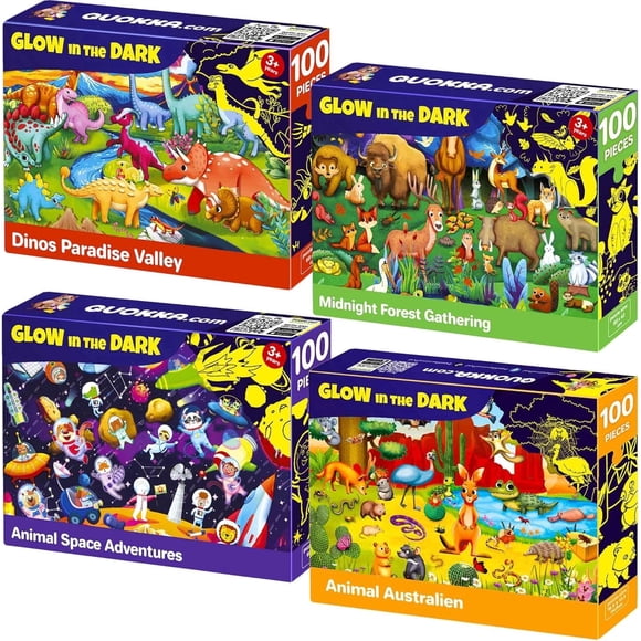 QUOKKA Casse-Têtes 4x100 Pcs pour Enfants de 6 à 8 Ans – Casse-Têtes Phosphorescents Espace, Dinosaures, Animaux – Casse-Tête Éducatif Amusant pour Garçons et Filles