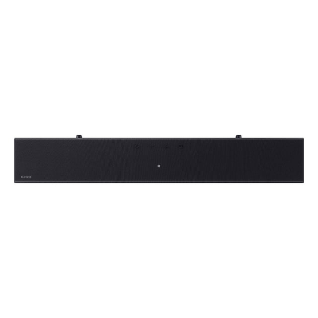 Samsung B Series 2.0 Channel Built-in Woofer with Bluetooth TV Connection (HWB400F) soundbar with a slim black rectangular shape, full black mesh grille, subtle control buttons on top center, and a small Samsung logo on the lower left, designed for wireless Bluetooth TV connection and surround sound expansion, also suitable for enhancing audio in compact living areas.