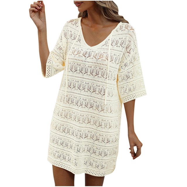 Birdeem Womens Summer Solid Color Hollow Out Vacation Beach Dress Sun Protection Blouse
