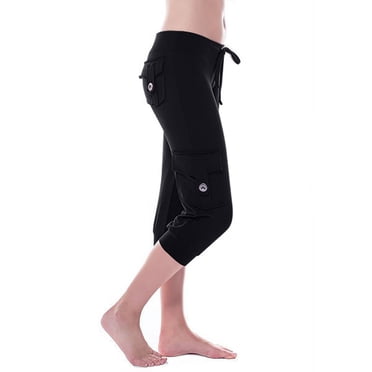 Bigersell Pantalon Capri Habillé pour Femmes Femmes Leggings d'Entraînement Extensibles Taille Bouton Poche Yoga Gym Pantalon Court Noir TG
