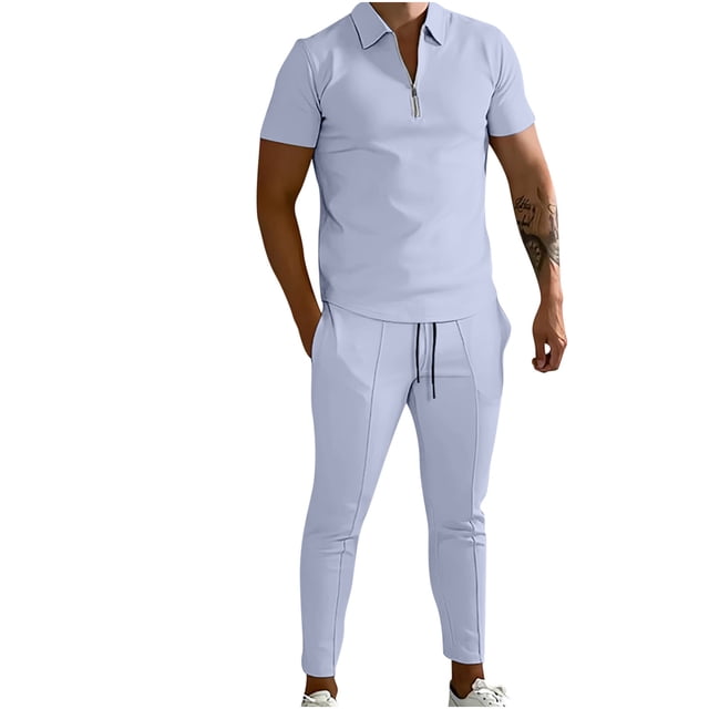 Birdeem Ensemble de Sport Décontracté pour Homme, Uni, Mode, Col Rabattu, Chandail à Enfiler, Manches Courtes, Pantalon, Survêtement Deux Pièces