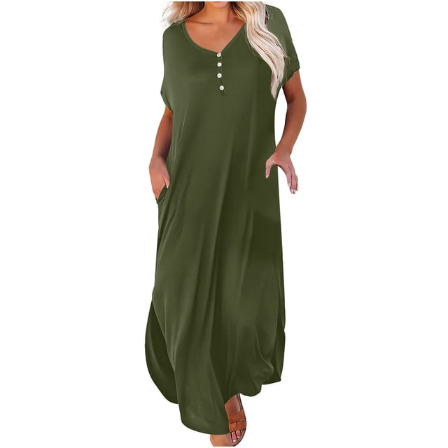 Cameland Robe d'Été pour Femme Décontractée à Manches Courtes, Robe Évasée Décontractée, Robe Maxi de Plage avec Poches