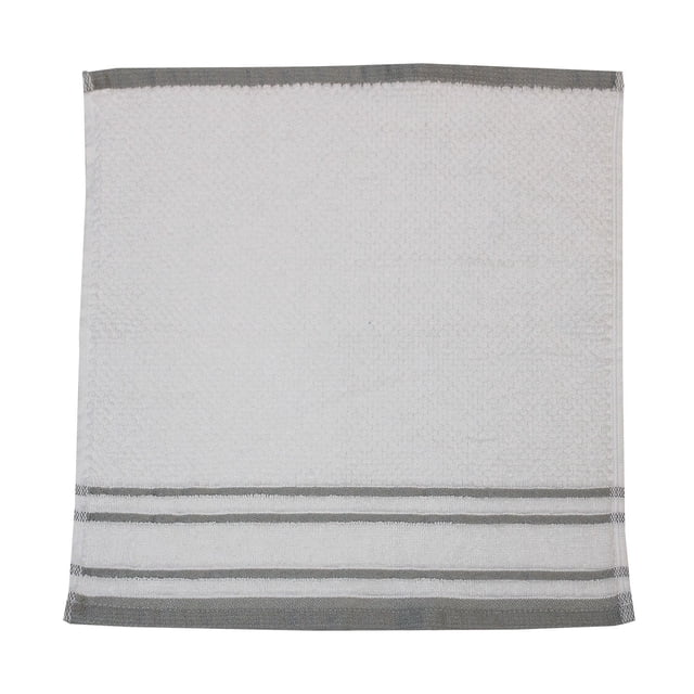 Hometrends Fashion white cotton washcloth with grey yarn dyed jacquard stripes and border, measuring 13 by 13 inches, machine washable and absorbent with a soft hand feel, ideal for bathroom or kitchen use.