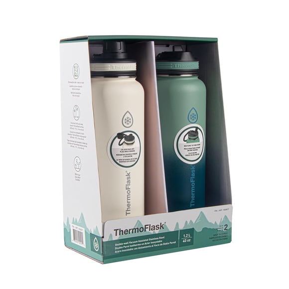 Thermoflask 40Oz Stainless Steel Insulated Water Bottles With Straw And Spout Lids, 2-Pack, Off White/Glade Green