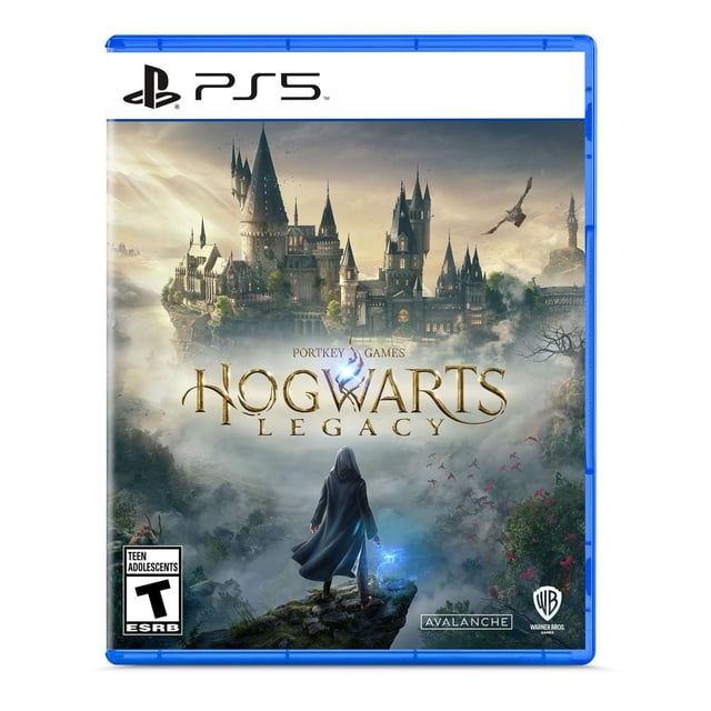 Hogwarts Héritage PlayStation 5 Couverture de Jeu Montrant un Sorcier Cape Lançant un Sort Lumineux sur une Falaise Rocheuse, Surplombant le Château de Poudlard Détaillé Entouré de Brume et d'Oiseaux Volants, Représentant un Ensemble de RPG en Monde Ouvert dans le Monde des Sorciers.