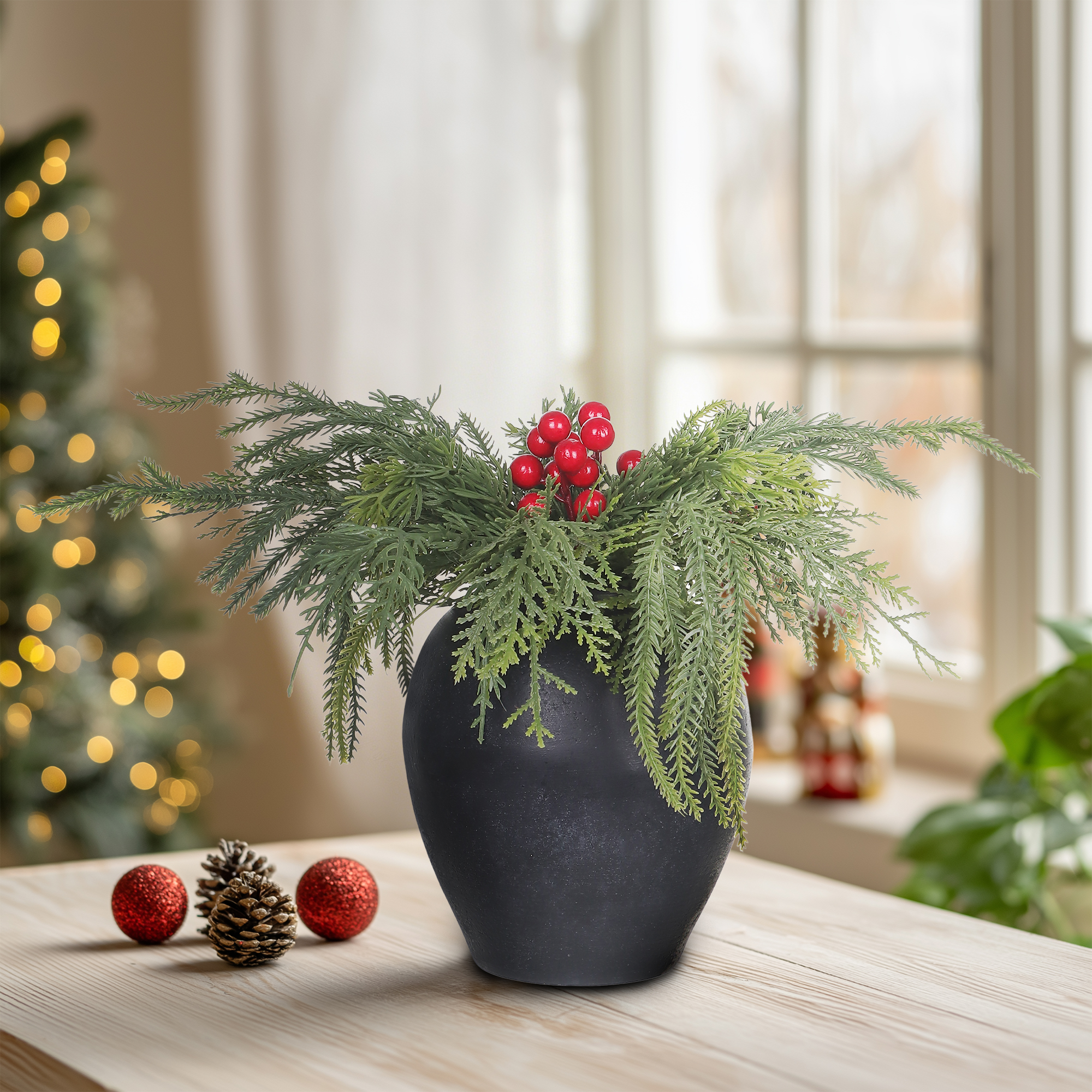 HOLIDAY TIME 11 Inch Christmas Tabletop Arrangement, 50% PU 10% Iron 40% Cement Greenery & Red Berry Centerpiece