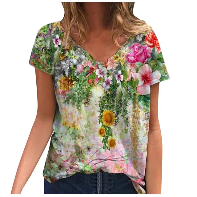 Plus Size Women Short Sleeve Printed V Neck Tops Tee T Shirt Blouse