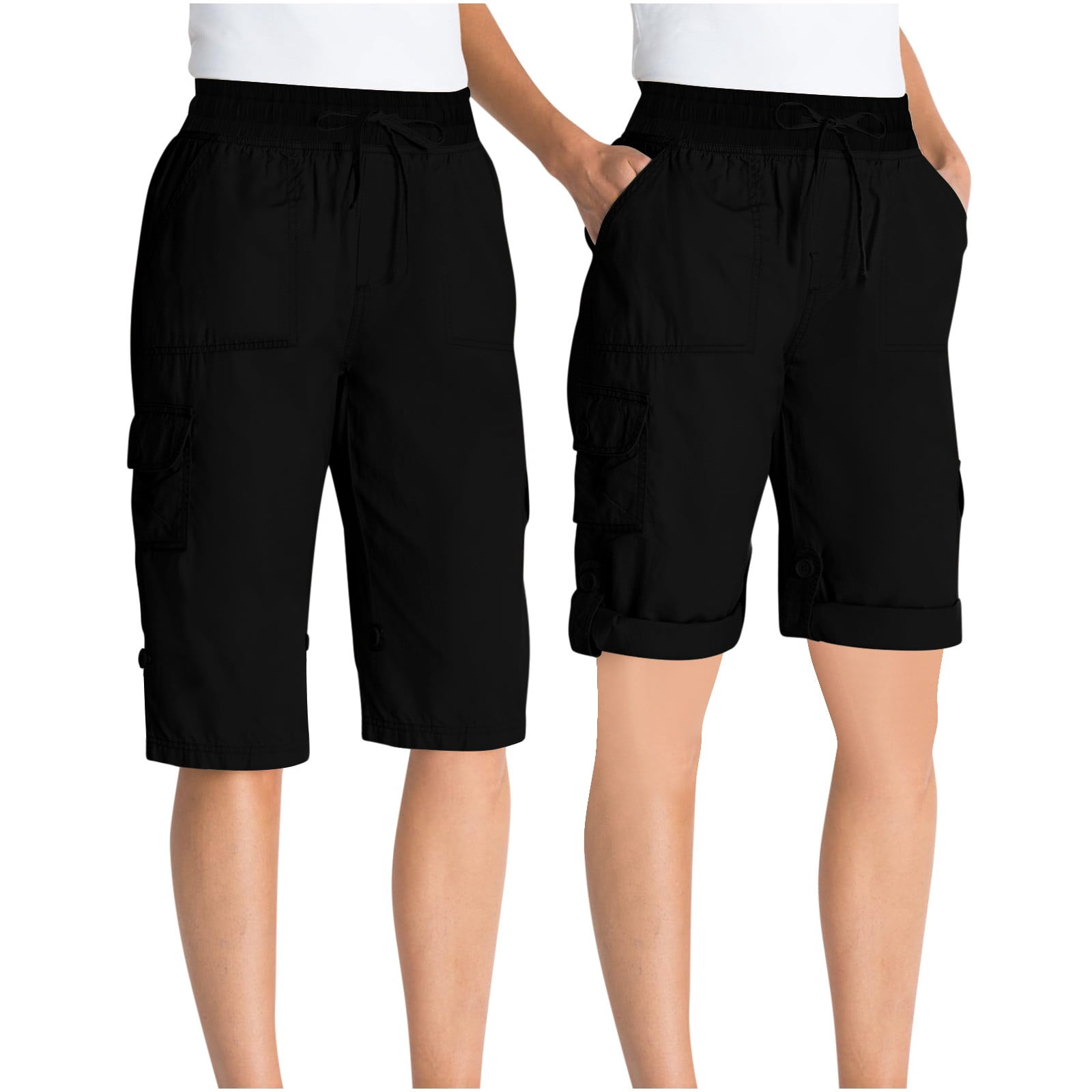 Timegard Shorts Cargo pour Femmes à Taille Élastique avec Cordon, Jambe Droite, Randonnée Plein Air, Demi-Pantalon avec Poches