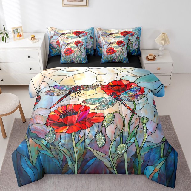 Ensemble de Literie 7 Pcs Coquelicot Rouge Grand Lit, Jardin Rustique Fleurs Rouges Libellule Ensemble Tout-en-un pour Ados, Ensemble de Couette Patchwork Style Vitrail Artistique avec Draps, Housses d'Oreiller