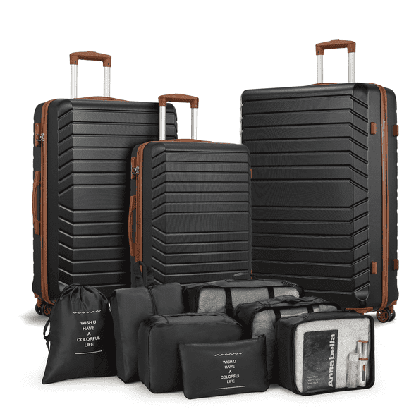 Gowill 3 Piece Luggage Sets 20/24/28 inch Travel Suitcase Set with 7PCS Organizer Bags, Black Tan