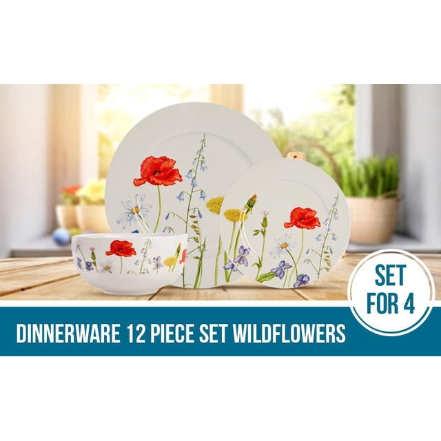 Safdie & Co. Wildflowers New Bone Dinnerware 12PC Set includes 4 dinner plates, 4 salad plates, and 4 bowls with detailed wildflower patterns of red poppies, bluebells, daisies, and dandelions on white new bone china, suitable for everyday use and special occasions.