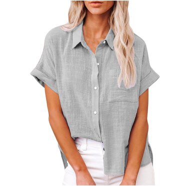 yoeyez Womens Cotton Linen Button Down Shirts,Summer Short Sleeve Tops for Women Loose Fit Collared Linen Work Blouse Tops Solid Basic Tees With Pocket Deals of Today Prime Gray 5XL