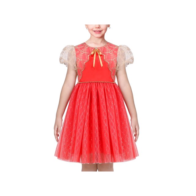 Girls Dress Red Sparkle Mesh Puff Wedding Princess Christmas Party 6 Years