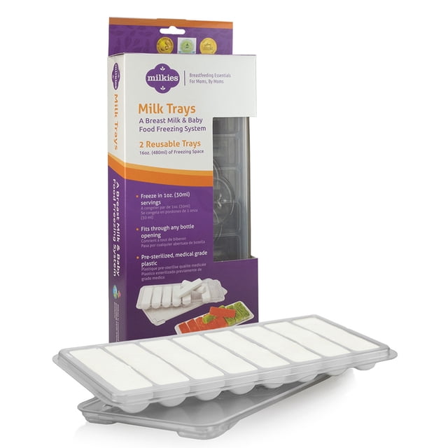 Milkies Plateaux de Lait avec Deux Plateaux Réutilisables de Congélation du Lait Maternel en Plastique de Qualité Médicale flexible et Pré-Stérilisé, Dotés de Couvercles Ajustés pour Empiler et Congler Peu Encombrants des Portions de Lait de 1 Once (30 ml) Qui s'Adaptent à Toute Ouverture de Biberon, Convenant au Rangement des Aliments pour Bébé et à la Préparation de l'Alimentation.