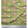 thumbnail image 1 of Soimoi Green polyester Crepe Fabric Pink Flower & Check Print Sewing Fabric BTY 52 Inch Wide, 1 of 5