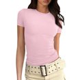 thumbnail image 1 of Wangsaura Womens Crewneck Short Sleeve Ribbed T-Shirt Slim Fit Tops Solid Basic Tee, 1 of 6