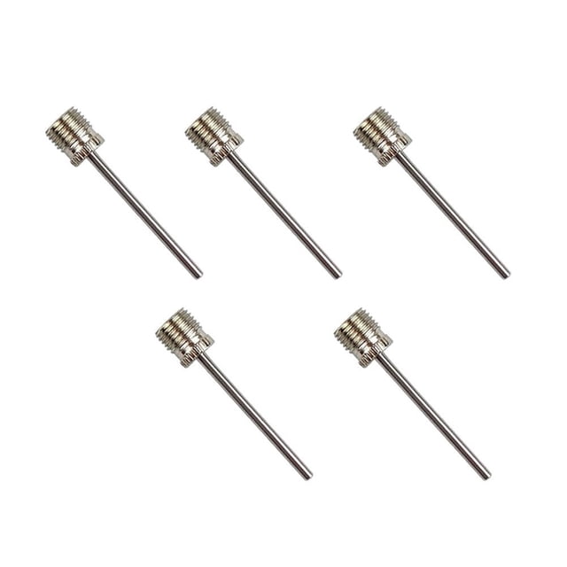 Mosiee Football Inflator Gas Needle Pump Rugby Ball Basketball Valve Adaptors made of durable stainless steel, shown in a set of five silver air pins. These adapters fit most pumps and air compressors, ideal for inflating soccer balls, basketballs, volleyballs, footballs, and netballs.