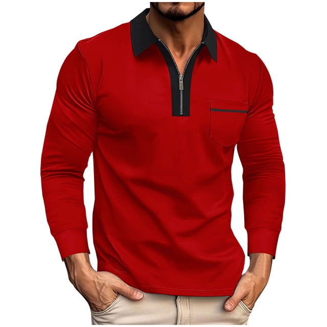 cfhntfmh Men's Shirts Casual Long Sleeve Collared Golf T Shirt Slim 1/4 Zipped Color Block Basic Tops with Pockets