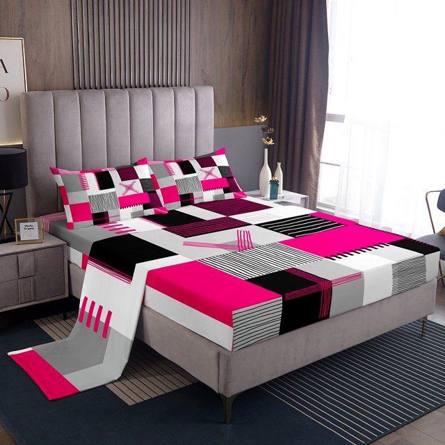 Erosebridal Geometric Stripe Bed Sheets Set Queen Size,Rectangle Lines Bedding Sets Queen Size,Patchwork Decor,Breathable,4 Pieces