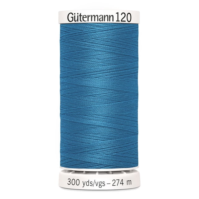 Gutermann 120 100% polyester all purpose thread spool in blue with white plastic ends labeled with brand and 300 yards (274 meters) length, suitable for machine and hand sewing on various fabrics including cotton and synthetics, often used for craft and DIY projects.
