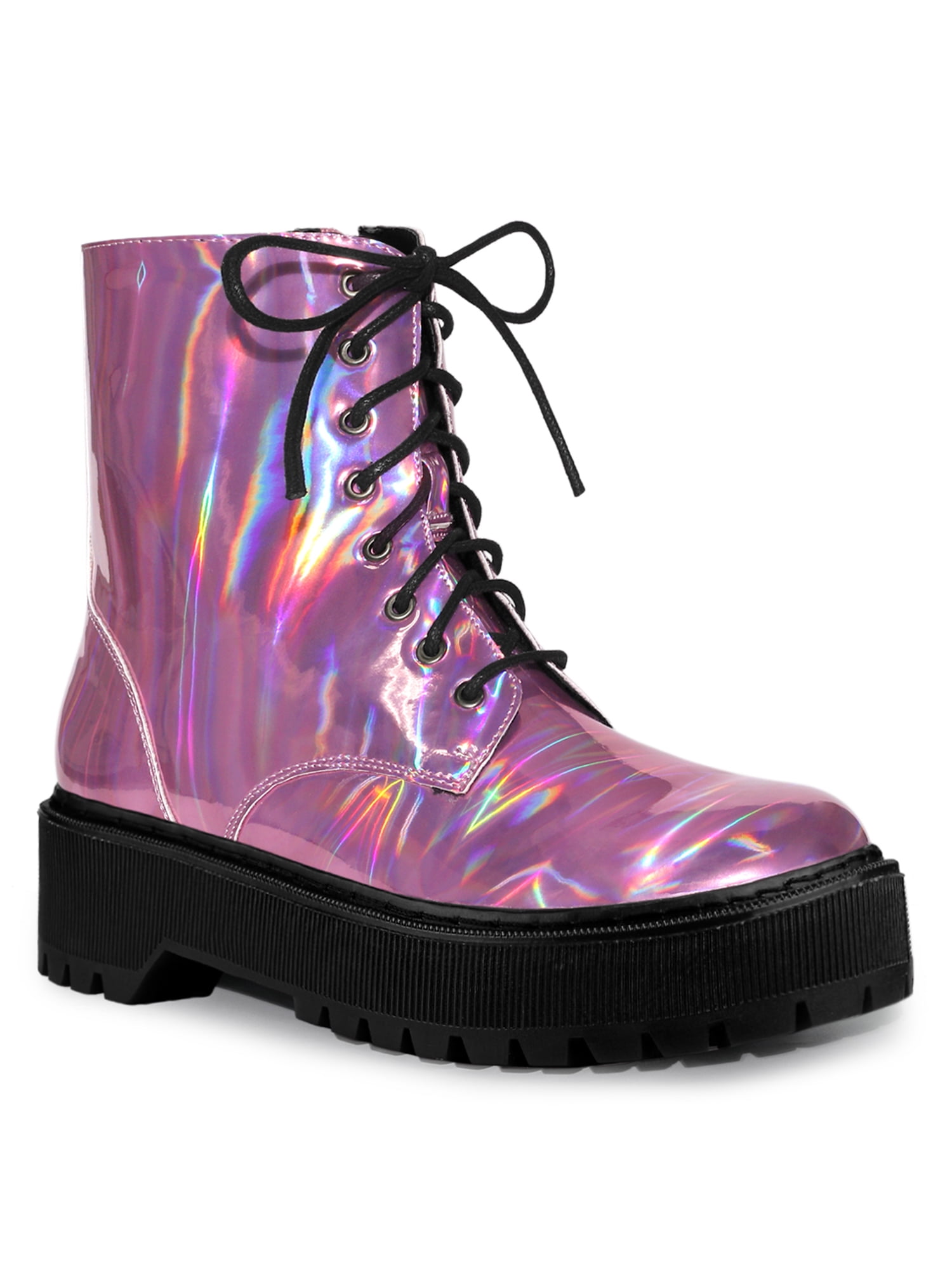 Unique Bargains Women's Round Toe Platform Lace Up Combat Ankle Boots