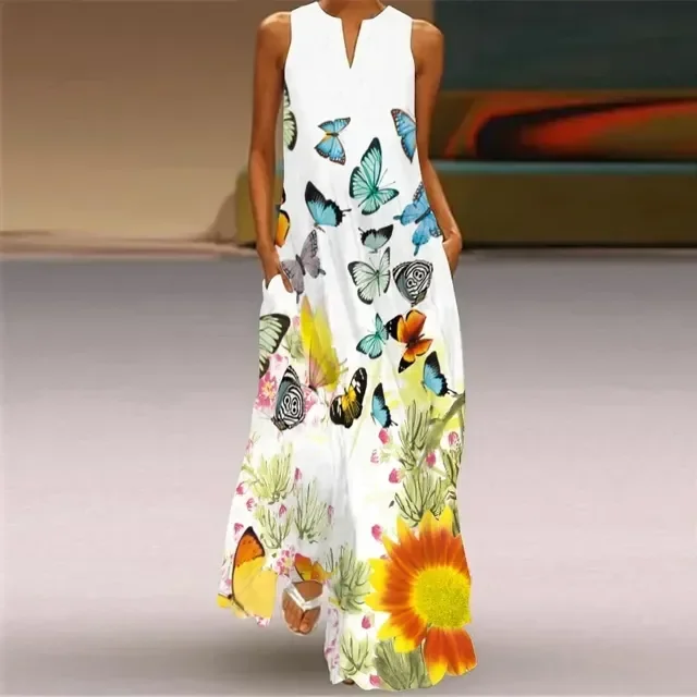 JUNWELL Femmes Été Boho vintage maxi Robe Femmes Poche en Vrac casual Imprimer A-Ligne Robes