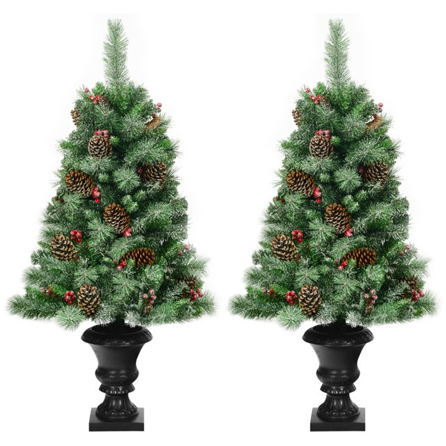 Patiojoy 2-Piece 4FT Snow Flocked Artificial Christmas Tree PVC Entrance Tree with Pine Cones & Red Berries