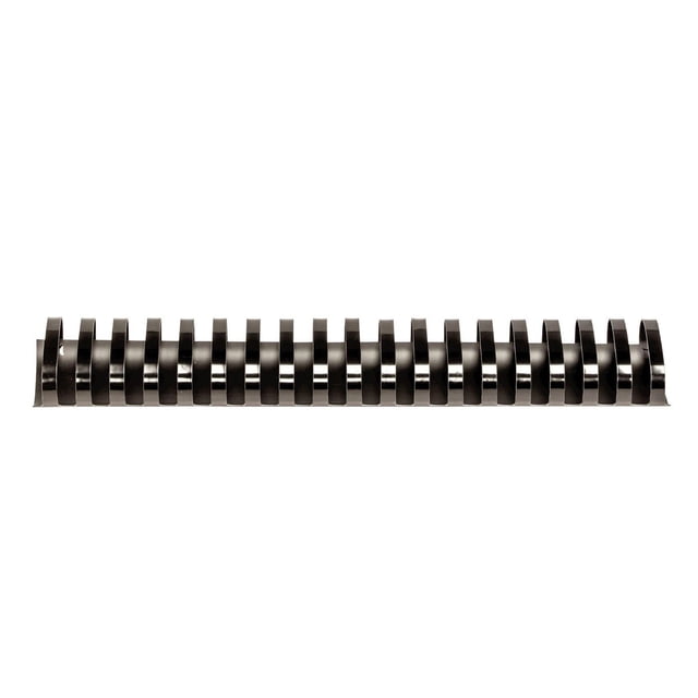 BINDING COMBS PLASTIC - BLACK 2 INCH 40PK showing a front-facing black plastic binding comb with 19 oval-shaped rings made of polyvinyl chloride, designed for standard 19-ring comb-binding systems, capable of binding up to 500 sheets, suitable for professional document binding and organization in office and school environments.