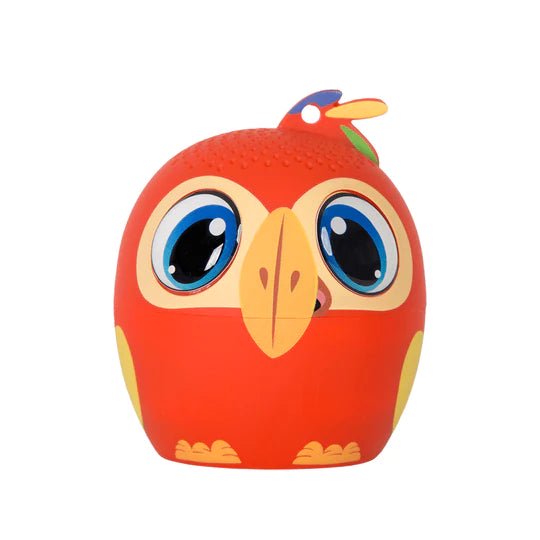 My Audio Solutions - My Audio Haut-Parleur Bluetooth pour Animaux de Compagnie au design Perroquet Nommé Pollyphonic. Ce Haut-Parleur Sans Fil compact et portable Présente un Corps Rouge Vif, de Grands Yeux Bleus, un Bec Jaune et des accents Colorés Façon Plume. Parfait pour la Lecture Audio Bluetooth et l'Utilisation portable.