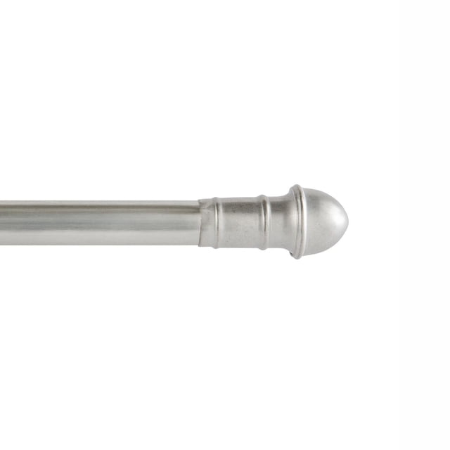 Mainstays Café Window Curtain Rod 48-84" nickel finish showing a close-up of the rounded finial with two decorative rings, slim 7/16 inch diameter rod designed for lightweight curtains, adjustable length, and included mounting hardware.