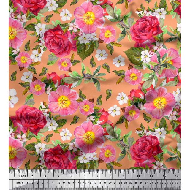 Soimoi polyester Crepe Fabric Leaves,Clematis & Rose Floral Printed Craft Fabric by the Yard 52 Inch Wide