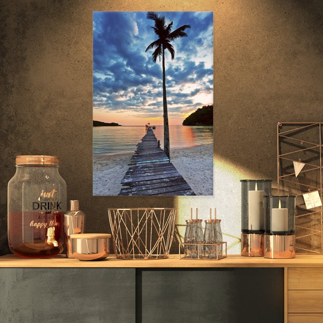 Wooden Pier and Palm Tree - Seashore Photo Canvas Art Print