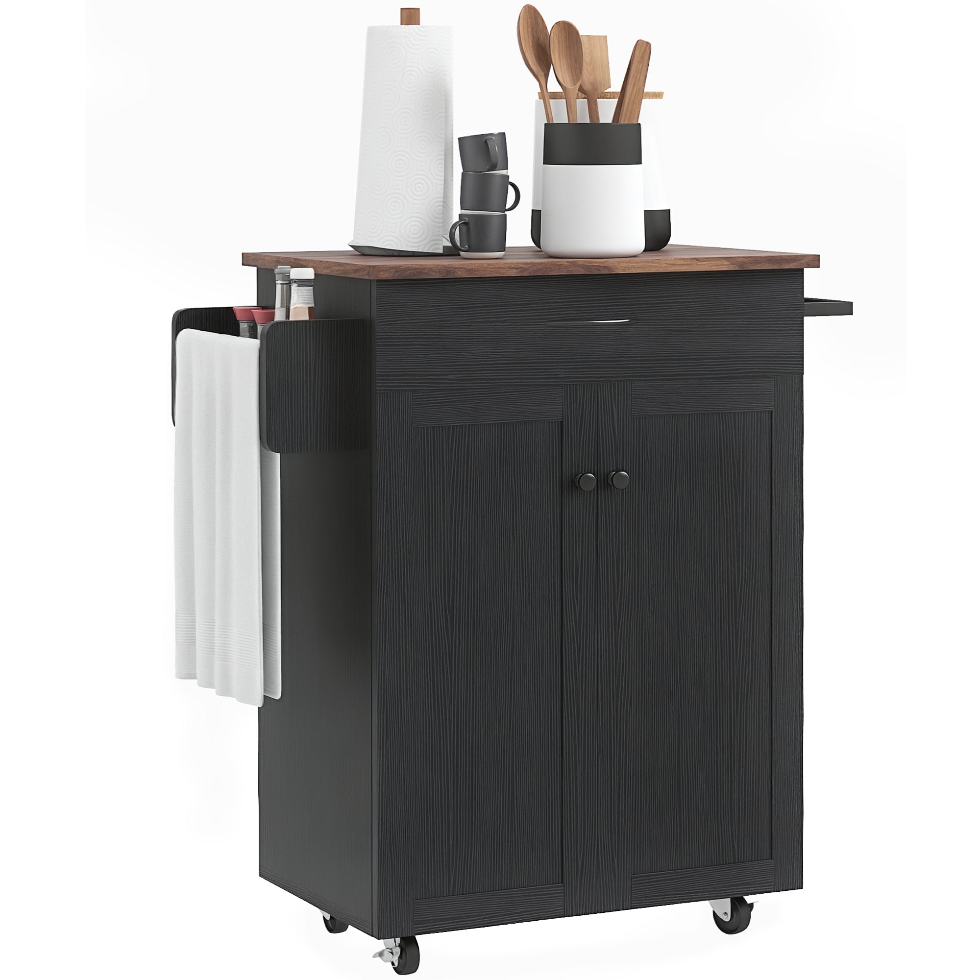 HOMCOM Kitchen Island on Wheels, Kitchen Cart with Solid Wood Top, Black