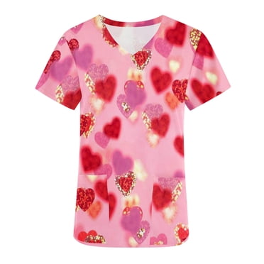 TIMIFIS Hauts de Sarrau d'Infirmière pour Femmes de la Saint-Valentin Uniforme de Travail Manches Courtes Col en V Blouse T-shirt de Travail avec Poches - Printemps
