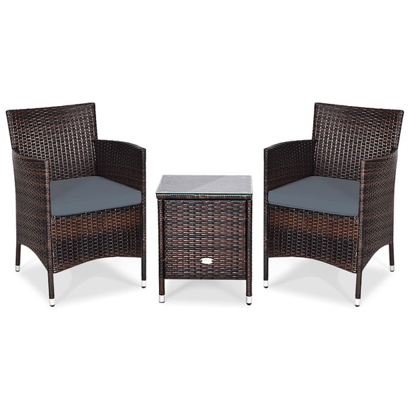 Gymax 3PCS Patio Outdoor Rattan Furniture Set w/ Cushioned Chairs Coffee Table