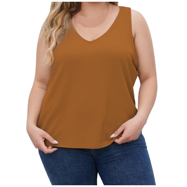Timegard Womens Plus Size Tank Tops Ribbed V-Neck Comfy Casual Loose Shirt Top Basic Tee Blouse Undershirts