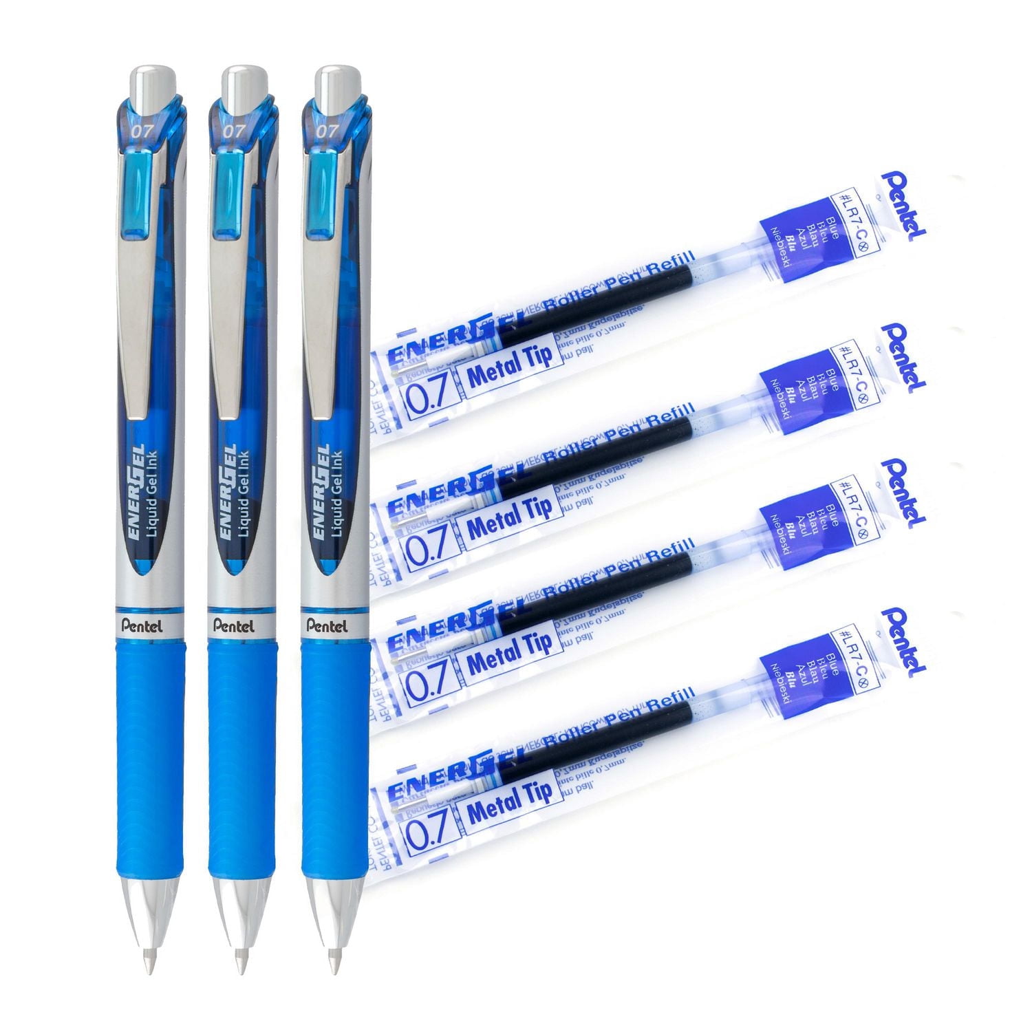 EnerGel Retractable Gel Roller, 0.7mm, Medium Point, 3 Pens and 4 Refills pack, Blue Ink