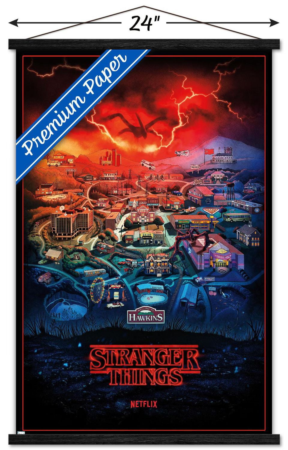Netflix Stranger Things: Saison 4 – Hawkins, Indiana 22,375" x 34" Affiche Murale avec Cadre Magnétique en Bois de Hêtre, par Trends International