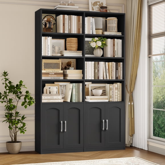 Homfa Bibliothèque de 185 cm de Haut avec Portes, Étagère Double à 6 Niveaux et 8 Cubes, Noire, Idéale pour le Salon Ou le Bureau à Domicile.