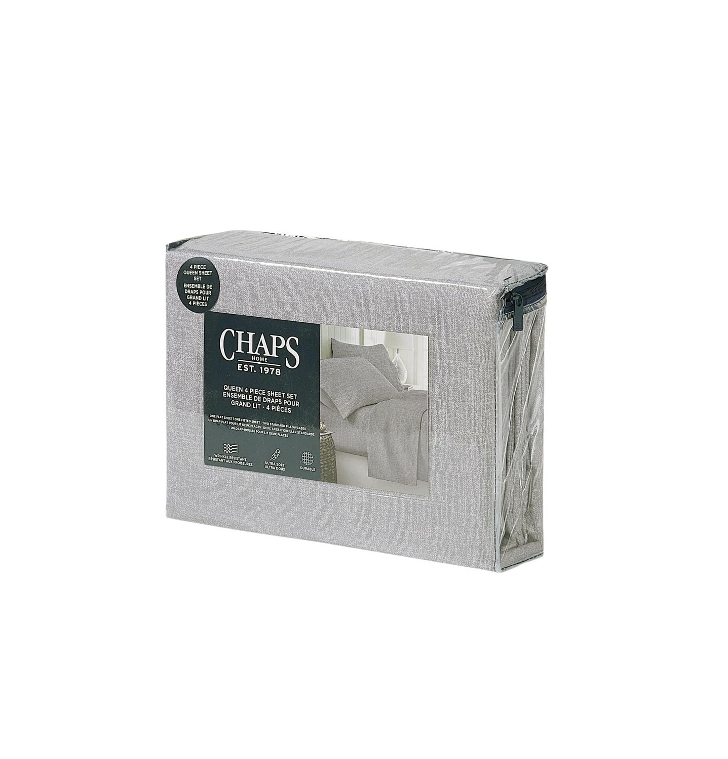 Chaps Solid Microfiber Soft 4pc Sheet Set Grey Queen