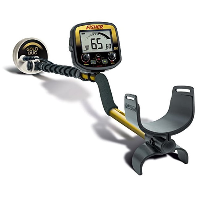 Fisher Gold Bug Metal Detector designed for locating small gold nuggets in highly mineralized soils. Features a digital display with numeric target ID, ergonomic armrest, and a coiled shaft with a Gold Bug-branded search coil. Suitable for gold prospecting, metal detecting, and treasure hunting.