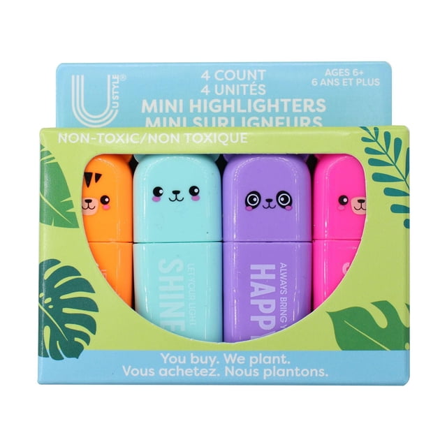 U Style Mini Surligneurs, 4 Unités, Jungle Bears Comprenant Quatre Mini Surligneurs Fluorescents orange, Bleu Pâle, Violet et Rose avec Capuchons pour Visage d'Ours et Pointes Biseautées Robustes, Emballés dans une Boîte à Thème Jungle avec Motifs de Feuilles Vertes et messages Bilingues Non Toxiques et de Plantation d'Arbres.