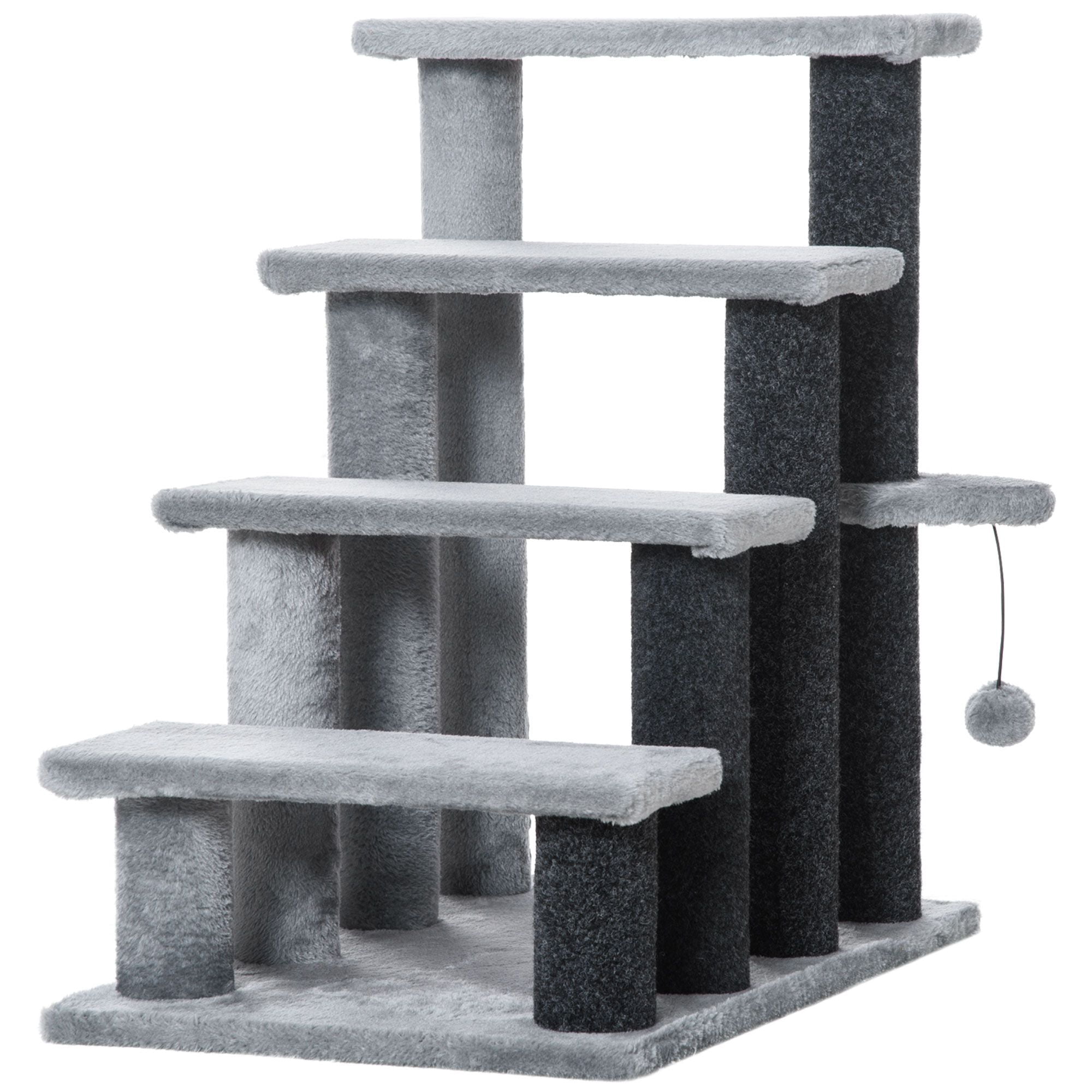 4-Step Cat Stairs for Bed and Couch, Light Grey Pet Steps with Scratching Posts and Hanging Toy Ball, Soft Flannel Indoor Cat Tree for Small Cats up to 10 lbs, 23.6" x 15.7" x 25.2"