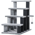 4-Step Cat Stairs for Bed and Couch, Light Grey Pet Steps with Scratching Posts and Hanging Toy Ball, Soft Flannel Indoor Cat Tree for Small Cats up to 10 lbs, 23.6" x 15.7" x 25.2"